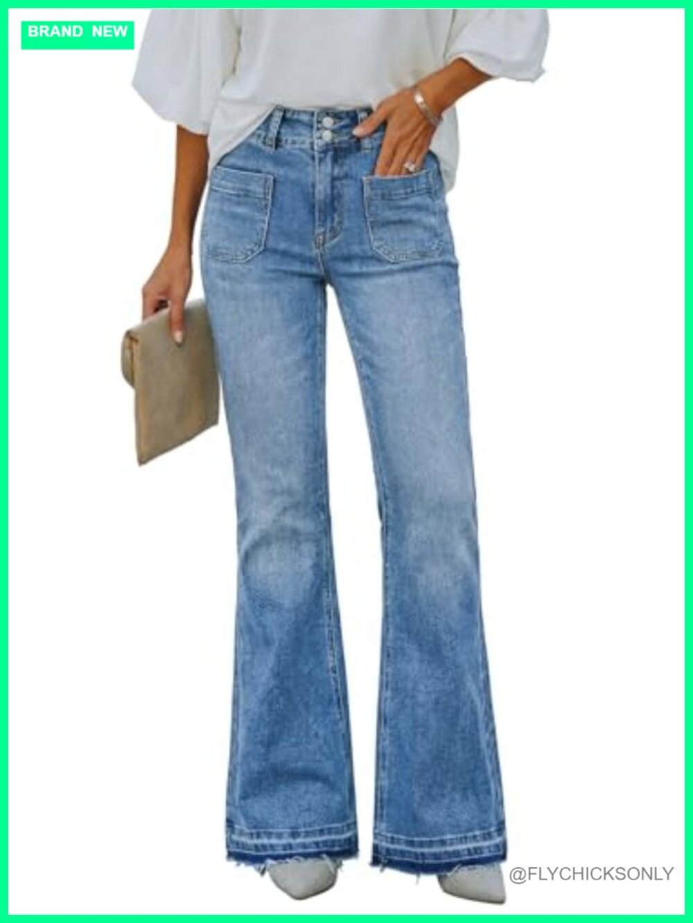 High Waisted Flare Jeans Double Button Raw Hem Stretch 25%
